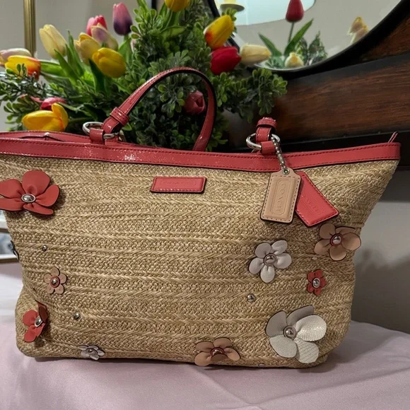 Coach Floral Straw Tote Bag with Tan and Coral Accents EUC - Picture 1 of 13